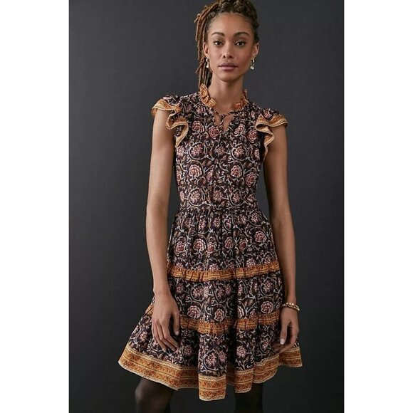 Anthropologie Dresses & Skirts - Anthropologie Almeria Ruffled Mini Dress By Othilia Cotton Black/Floral Print